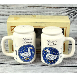 Vintage Country Ducks "Linda's Kitchen" Stove Top Salt & Pepper Shakers Set